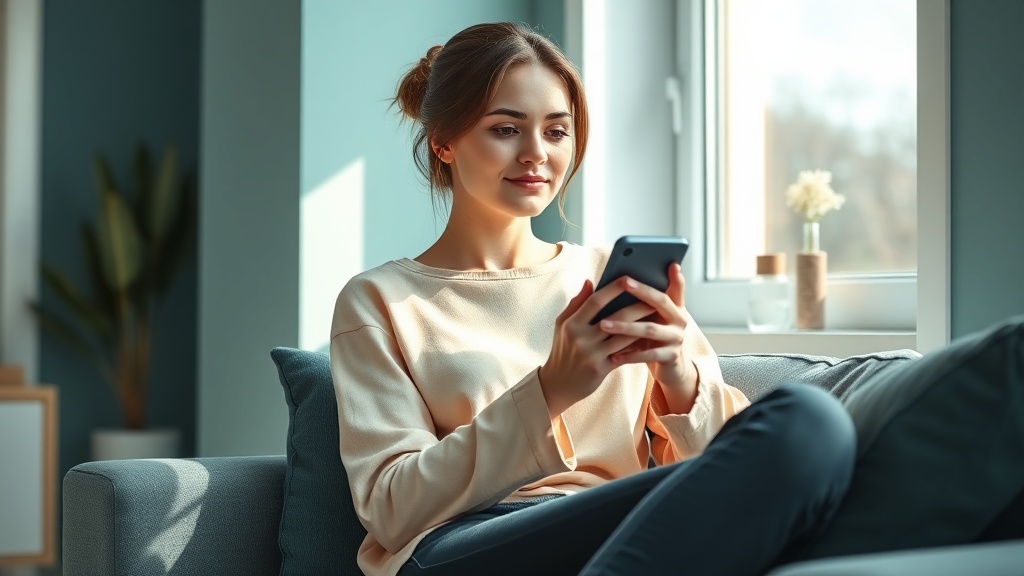 Kobieta w domu z telefonem i szklanką wody podczas konsultacji online
